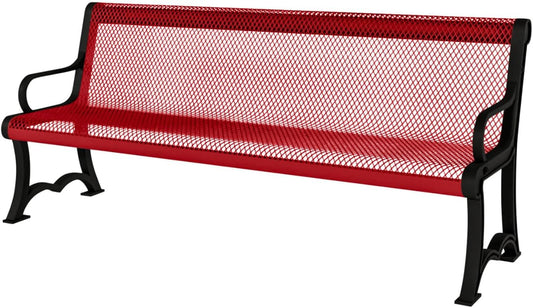 Coated Outdoor Furniture Heavy-Duty Outdoor Bench Thermoplastic Coated, Expanded Metal, Commercial-Grade Garden Bench, Made in America (Portable with Back, 4 Ft, Textured Red)