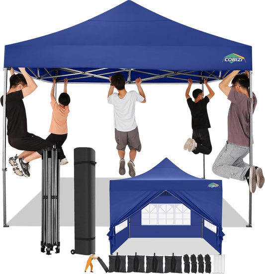 COBIZI 10x10 Pop Up Canopy with 4 Sidewall,Heavy Duty Canopy UPF 50+ All Season Wind Waterproof Commercial Outdoor Wedding Party Tents for Parties Gazebo with Roller Bag (10 x 10 ft Dark Blue)