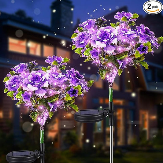 Neporal Solar Light Outdoor - 2 Pack Solar Garden Lights with Purple Carnation Solar Flowers, Solar Lights Outdoor Waterproof IP65, Solar Outdoor Lights Decorative for Outdoor Garden Decoration