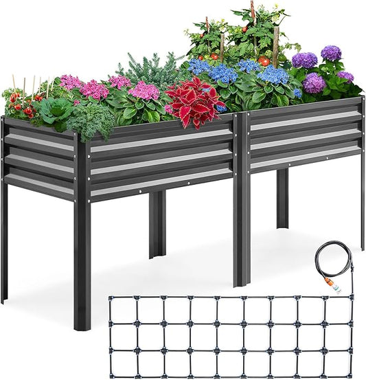 KING BIRD Raised Garden Bed with Irrigation System and Legs Galvanized Elevated Planter Box for Backyard, Patio, Balcony, 600lb Capacity, 70.9x22.8x31.5 in Dark Grey