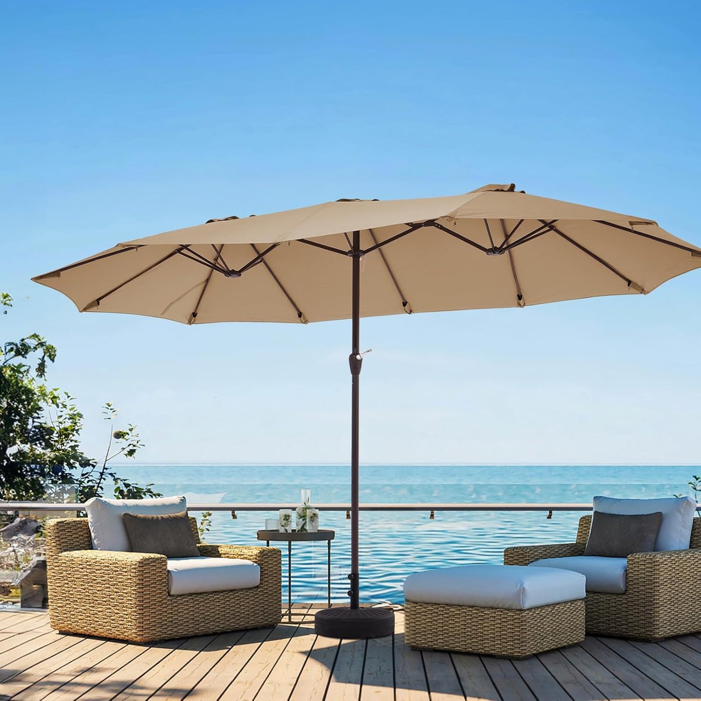 JEAREY 15FT Patio Umbrella Large Outdoor Umbrella Extra Double-Sided Market Umbrella with Crank Handle for Garden, Deck, Backyard and Pool, Beige