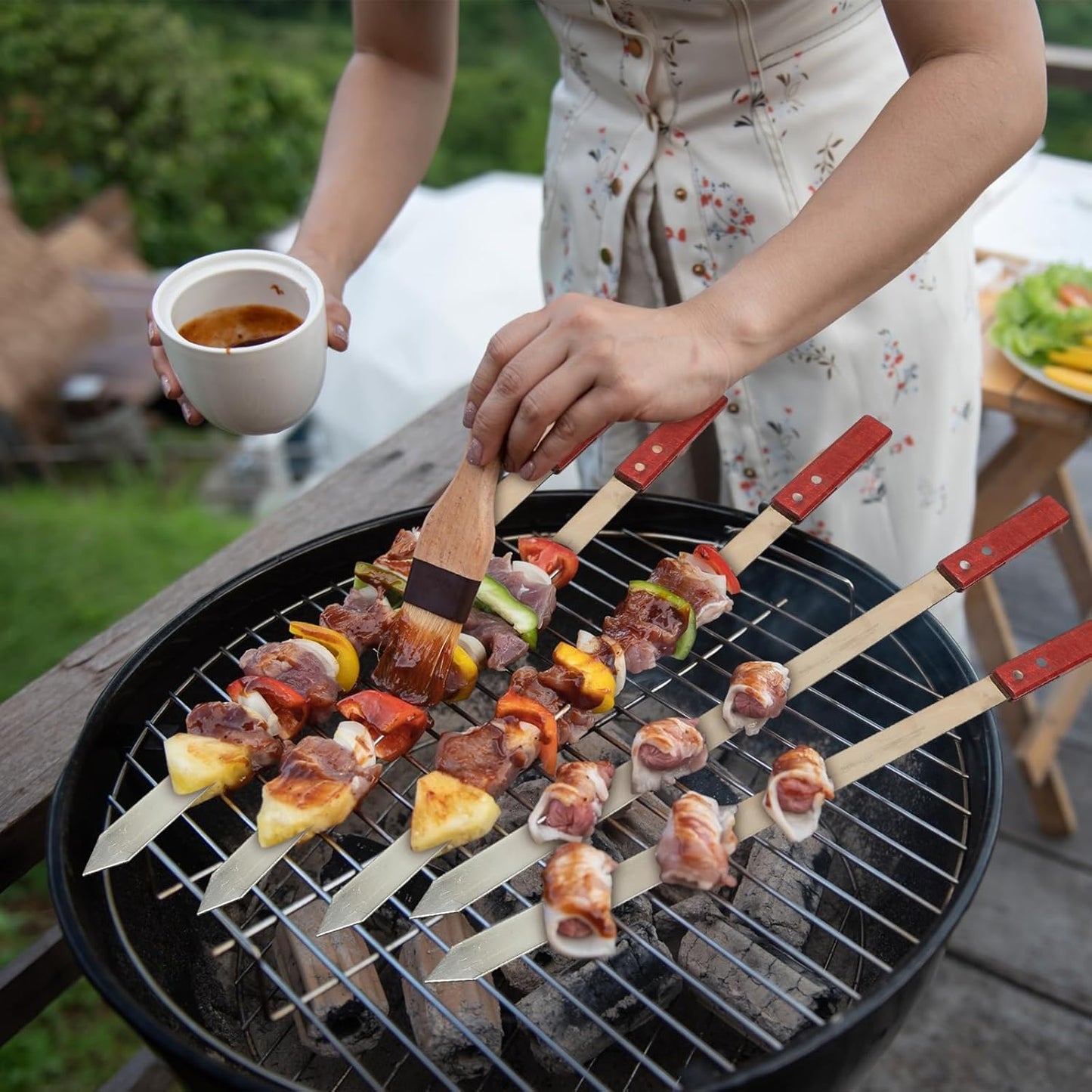 Zhehao 16 Pcs Heavy Duty Kabob Skewers 1 Inch Wide 2 mm Thin Kabob BBQ Stainless Steel Metal Skewers for Grilling with Wooden Handles, Silver(23 Inch Long)