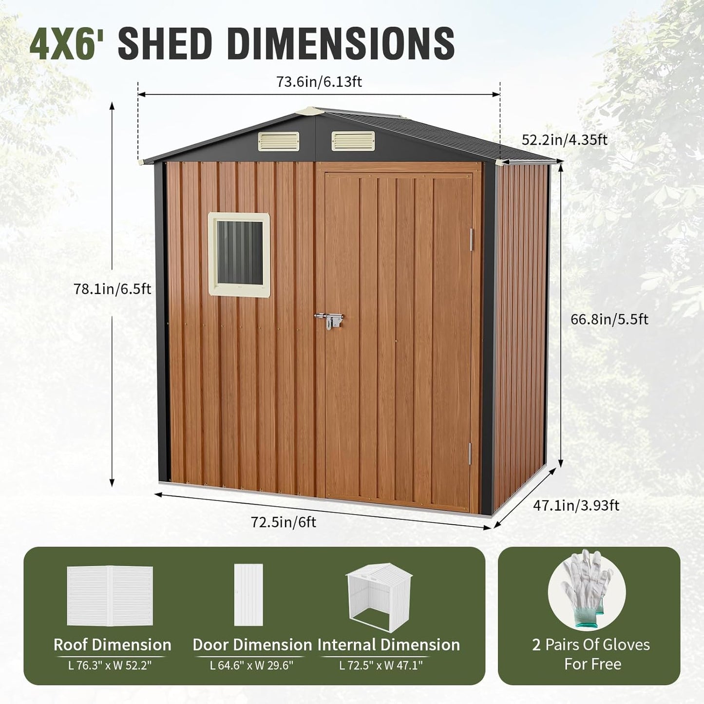 Outdoor Storage Shed 6x4 Ft, Lockable Metal Garden Shed with Window, Tool Shed Tiny House Vertical Outside Storage Building for Backyard, Lawn, Patio, Bike