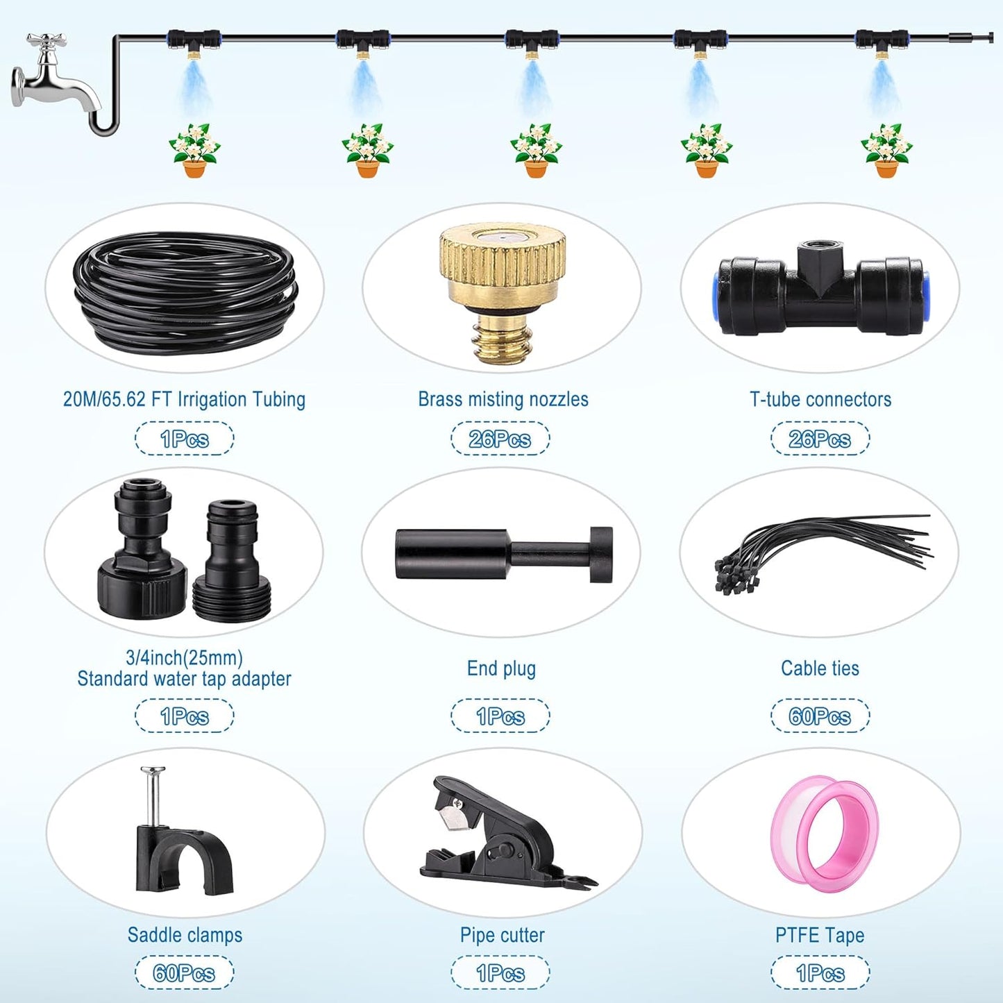 Mornajina Automatic Drip Irrigation Kits Garden Irrigation System, Includes 66FT 1/4 inch Irrigation Tubing Hose & 26Pcs Mist Nozzles Tee & 26Pcs Brass Misting Nozzles for Garden Watering System