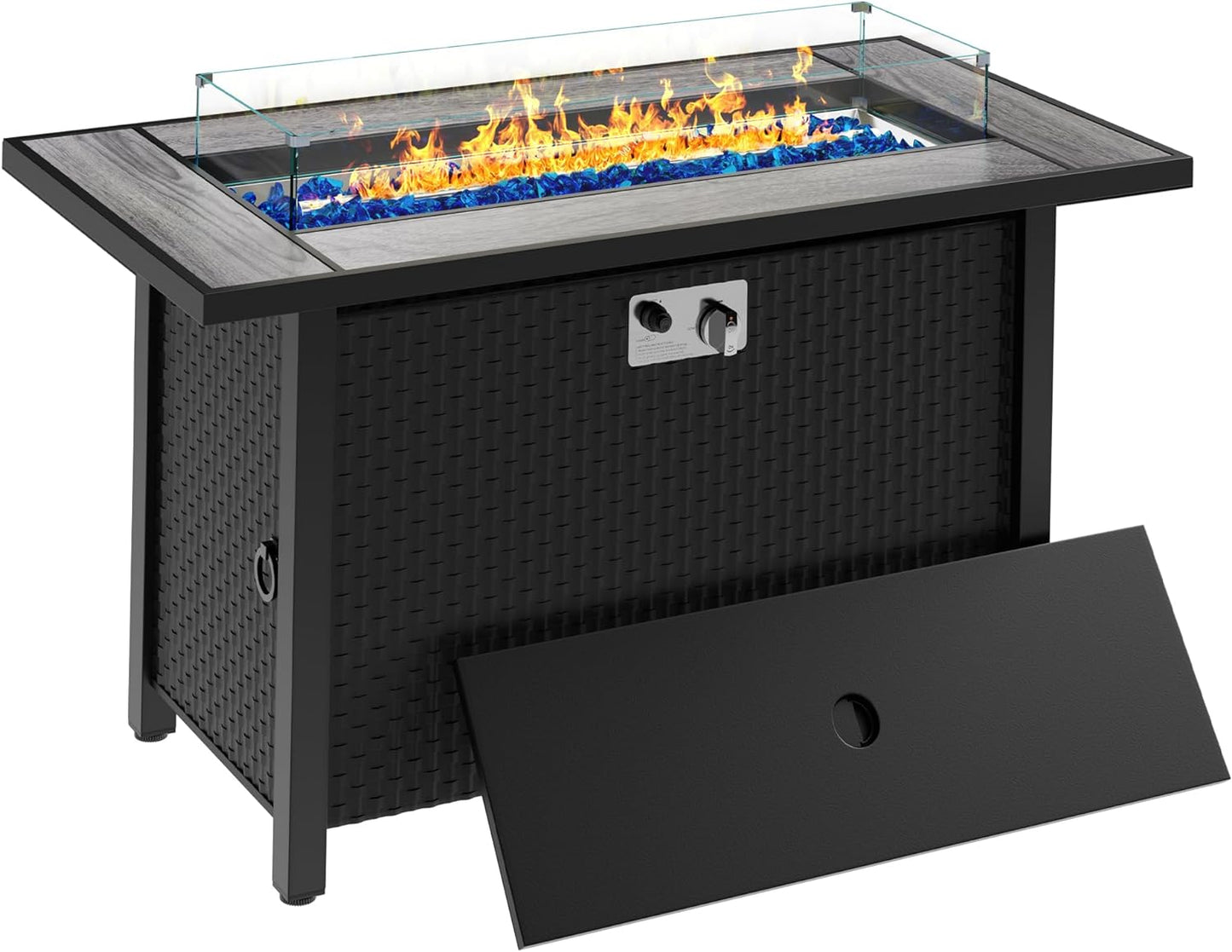 Meilocar 45in Fire Table, Propane Fire Pit with Glass Wind Guard and Rain Cover, Outdoor Firepit Table 50000 BTU 3-in-1 Fire Table for Patio/Yard/Balcony, Gray Tabletop