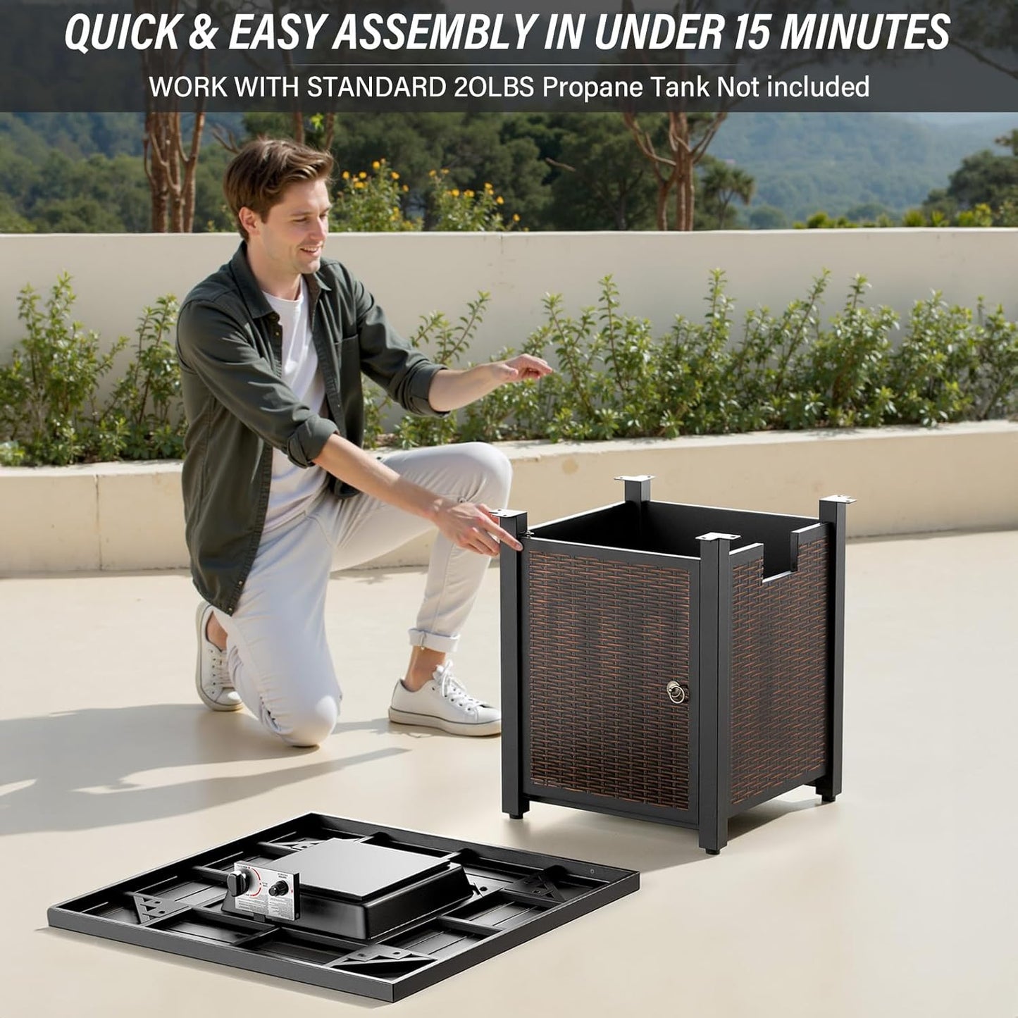 7 Pieces Patio Furniture Set with Fire Pit Table - 4 Outdoor Swivel Rocker Chairs with 50000BTU Propane Fire Table and 2 Side Table, Outdoor Conversation Set for Casual Gathering