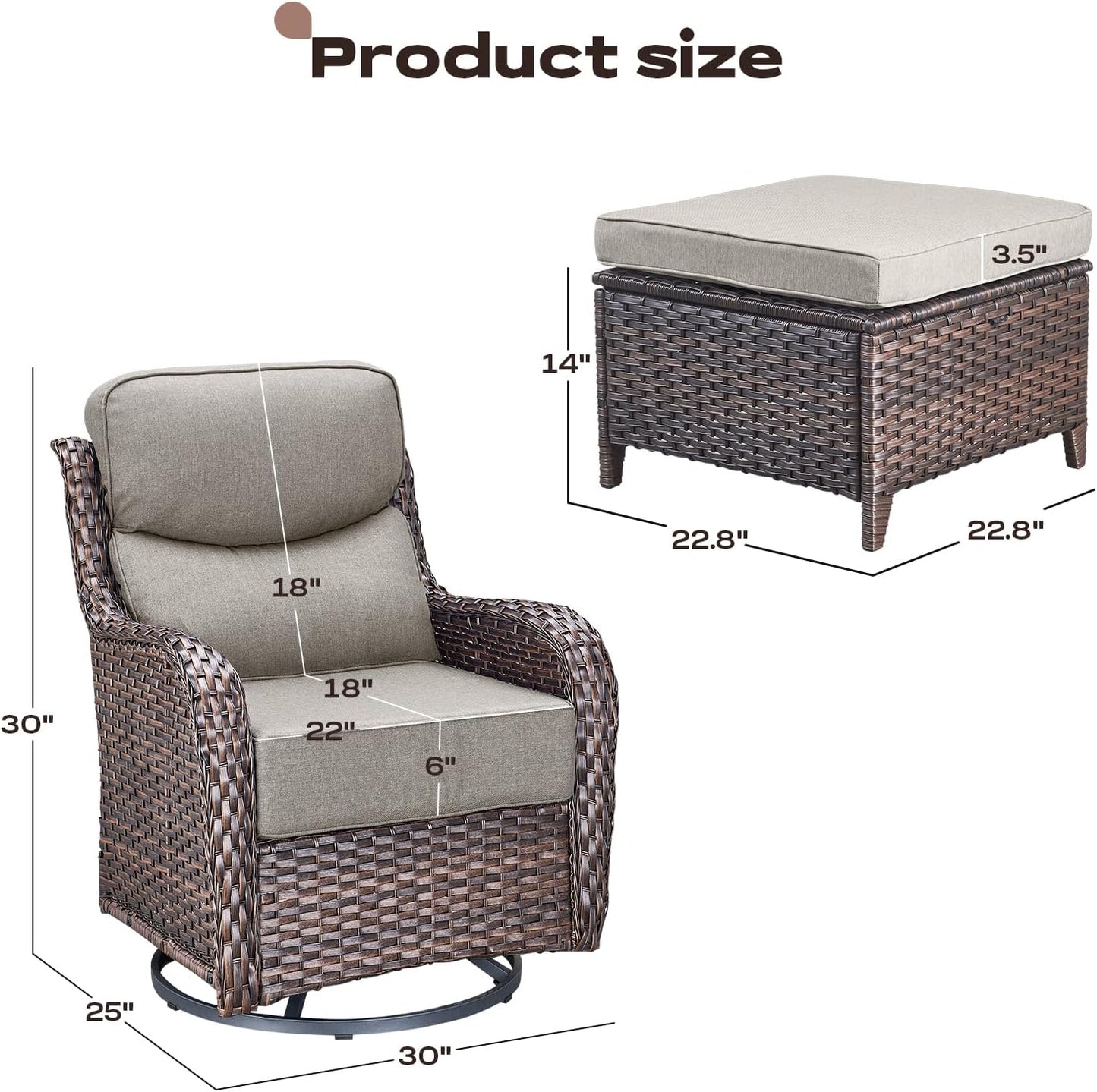 Wicker Outdoor Patio Furniture Set - 4 Piece Patio Conversation Set with Swivel Rocker Chairs and Ottomans, 6 inch Cushions, High Back, Deep Seating, for Porch Deck Garden Brown/Beige