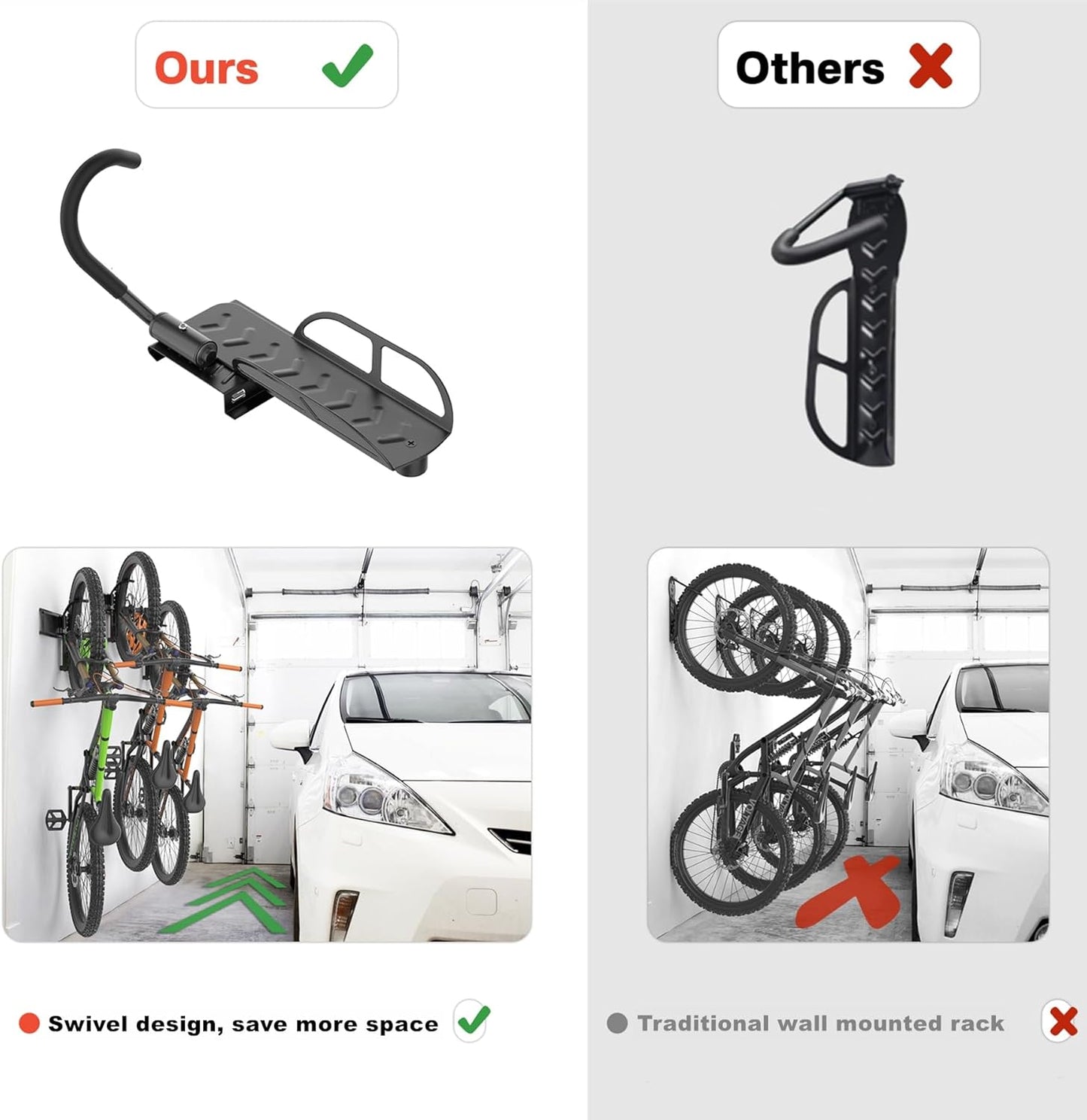 TORACK Wall-mounted Swivel Bike Rack, Garage Vertical Bike Storage Hangers for 5 Bikes Rotating Bike Storage Hooks