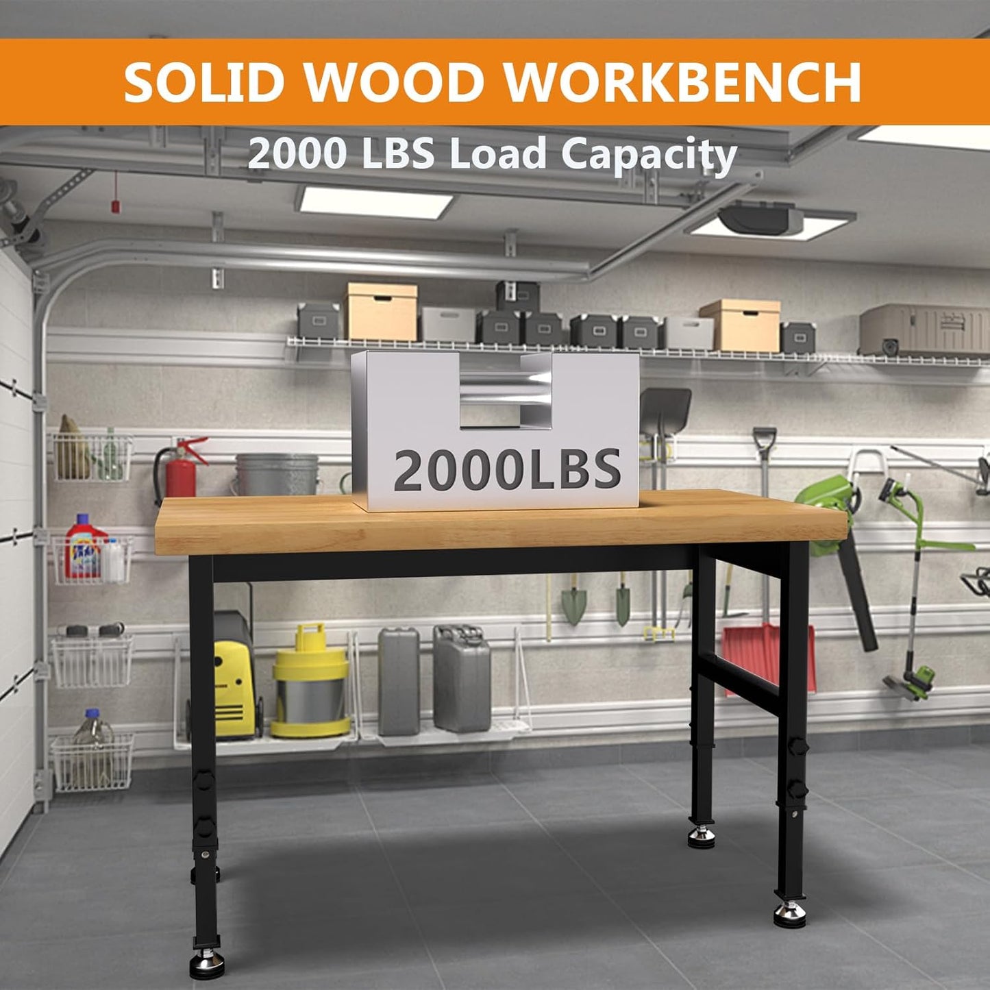 48" Work Bench, Adjustable Height Workbench with Rubber Pad, Heavy-Duty Solid Wood Work Table with Power Outlets, 2000 LBS Capacity Workstation for Garage, Workshop, Office, Home