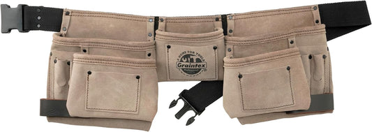 Graintex DS2016 11 Pocket Beige Color Suede Leather Tool Belt/Tool Bag/Work Apron, 2 Hammer Loops, Adjustable Belt | Construction, Carpenter, Roofing, Drywall, Electrician, Gardening, DIY