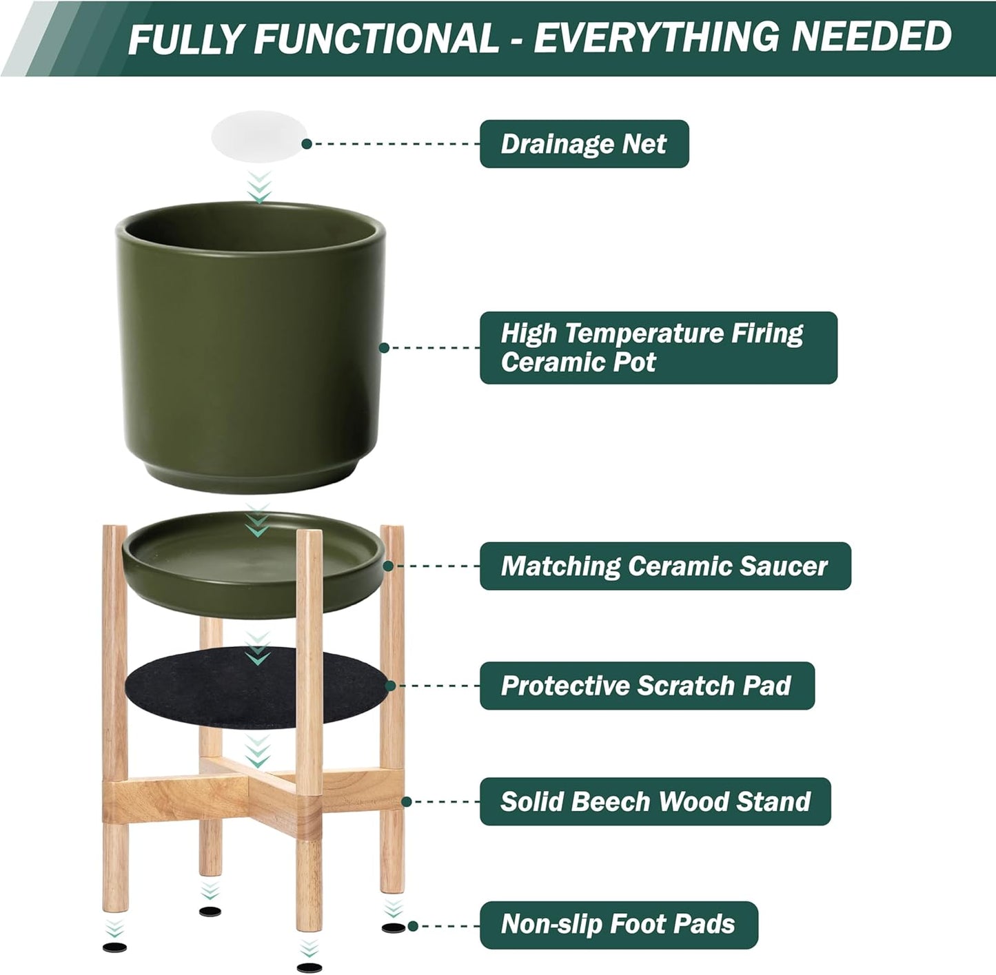 D'vine Dev Ceramic Planter with Natural Stand - 12 Inch Modern Round Flower Pot with Wood Planter Holder, Olive, 55-B-J-J