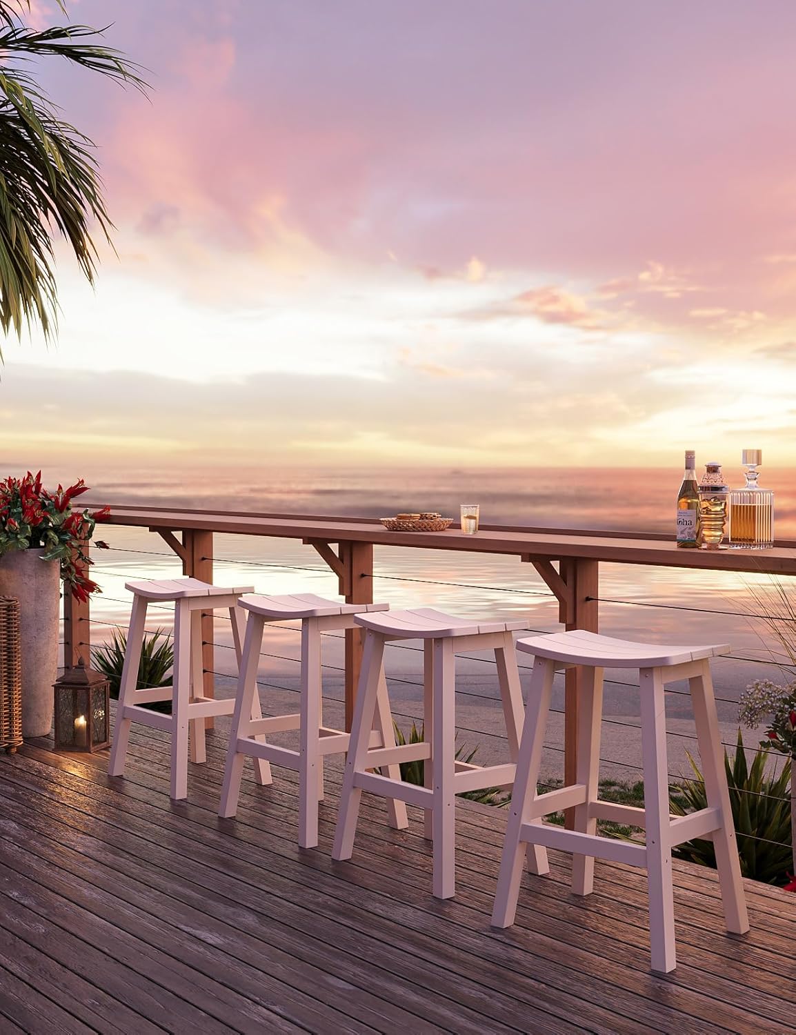 Weatherproof Bar Stools Set of 2, 28" Height Outdoor Bar Stools Holds up to 400 lbs, Saddle Seat, Bar Height Stools for Patio, Garden, and Kitchen Island, White