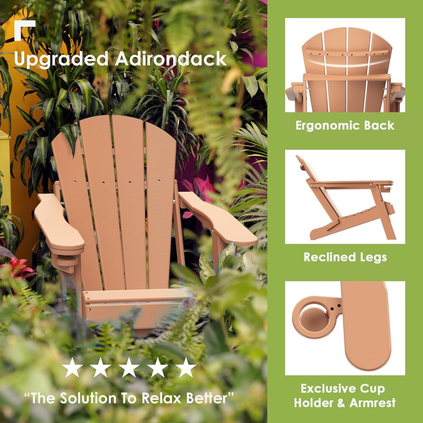 GREENVINES Folding-Adirondack-Chairs-Set-of-2 | HDPE Plastic | Fire Pit Chair | All Weather | Cup Holder | Teak | for Deck Backyard Patio Outdoor Garden