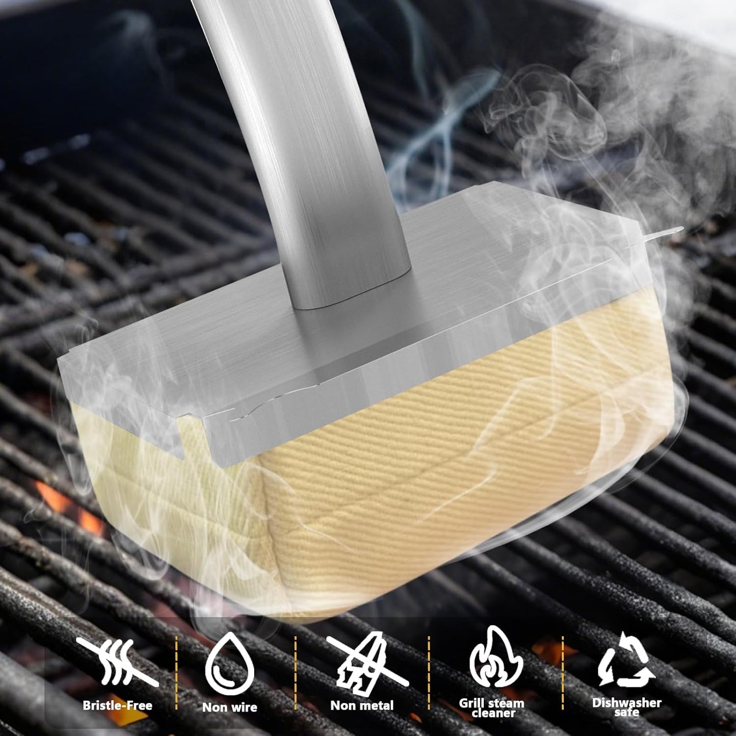 Grill Brush Bristle Free with Hanging Loop,BBQ Safe steam Grill Brush Non Metal bristles,Stainless Steel Cleaning Brush,Includes 2 Replaceable Heads Red