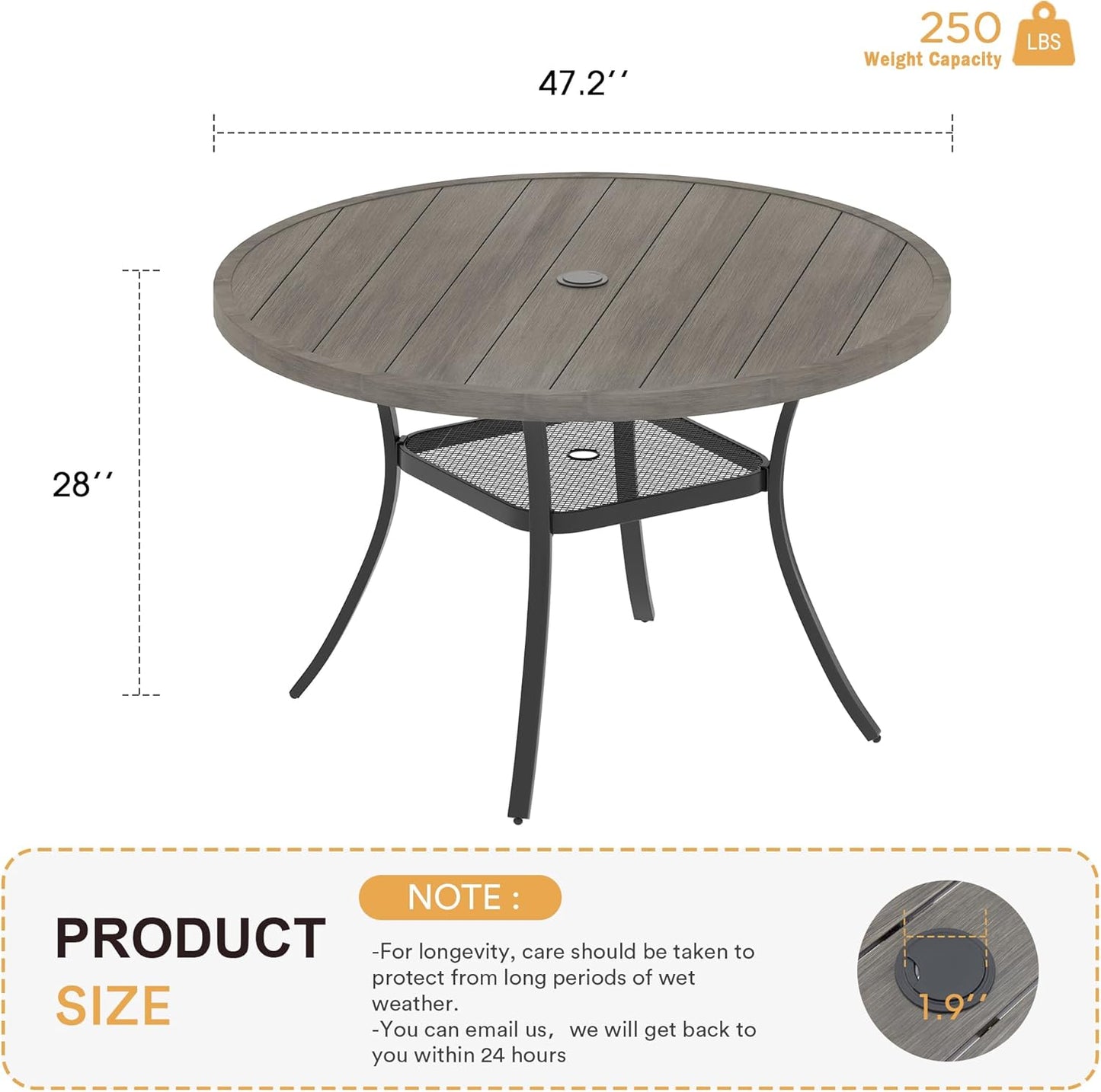VICLLAX 47.2" Outdoor Round Patio Table for Lawn Garden, All Weather Metal Round Outdoor Dining Table with Adjustable Umbrella Hole, 6 Person Patio Table, Grey Wood-Like Tabletop