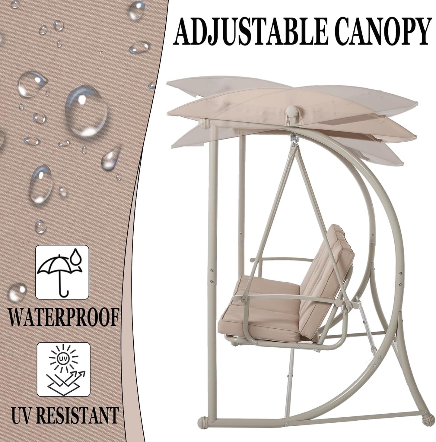 Patio Swing with Canopy, Outdoor Swinging with Stand, Backyard Swings for Adults, 2 in 1 Porch Swing Bed, Outdoor Patio Swings,Yard Heavy Duty Covered Patio Swing, Khaki