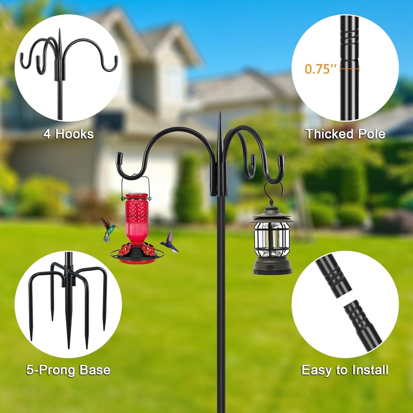 FEED GARDEN [Upgrade Version 92 Inch Three Shepherd Hooks for Outdoor,Bird Feeder Pole with 5 Prong Base, Adjustable Shepard Hooks for Hanging Plant, Solar Lanterns, Wind Chimes, 2 Pack