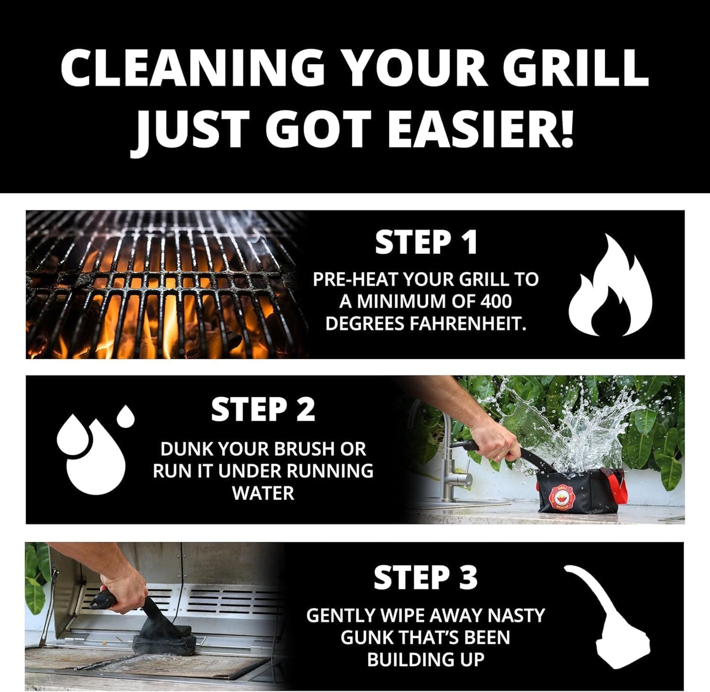 Grill Rescue BBQ Replaceable Scraper Cleaning Head, [Rescue-Upgraded], Bristle Free, Durable and Unique Scraper Tools for Cast Iron or Stainless-Steel Grates, Barbecue Cleaner (Rescue Pro)