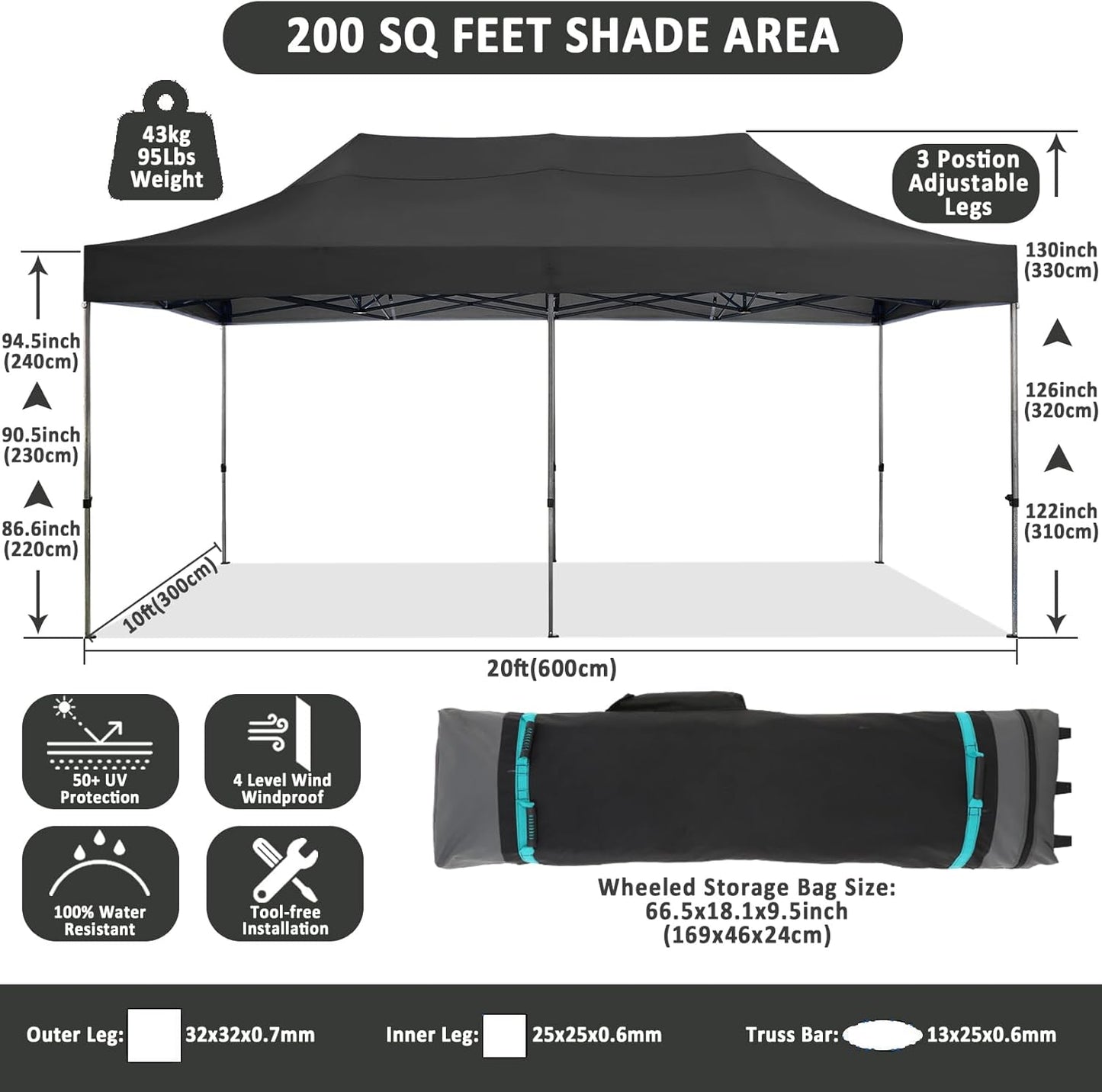 COBIZI 10x20 Pop Up Canopy Without Sidewall,Heavy Duty Canopy UPF 50+ All Season Wind Waterproof Commercial Outdoor Wedding Party Tents for Parties Canopy Gazebo with Roller Bag(10 x 20 ft Black)