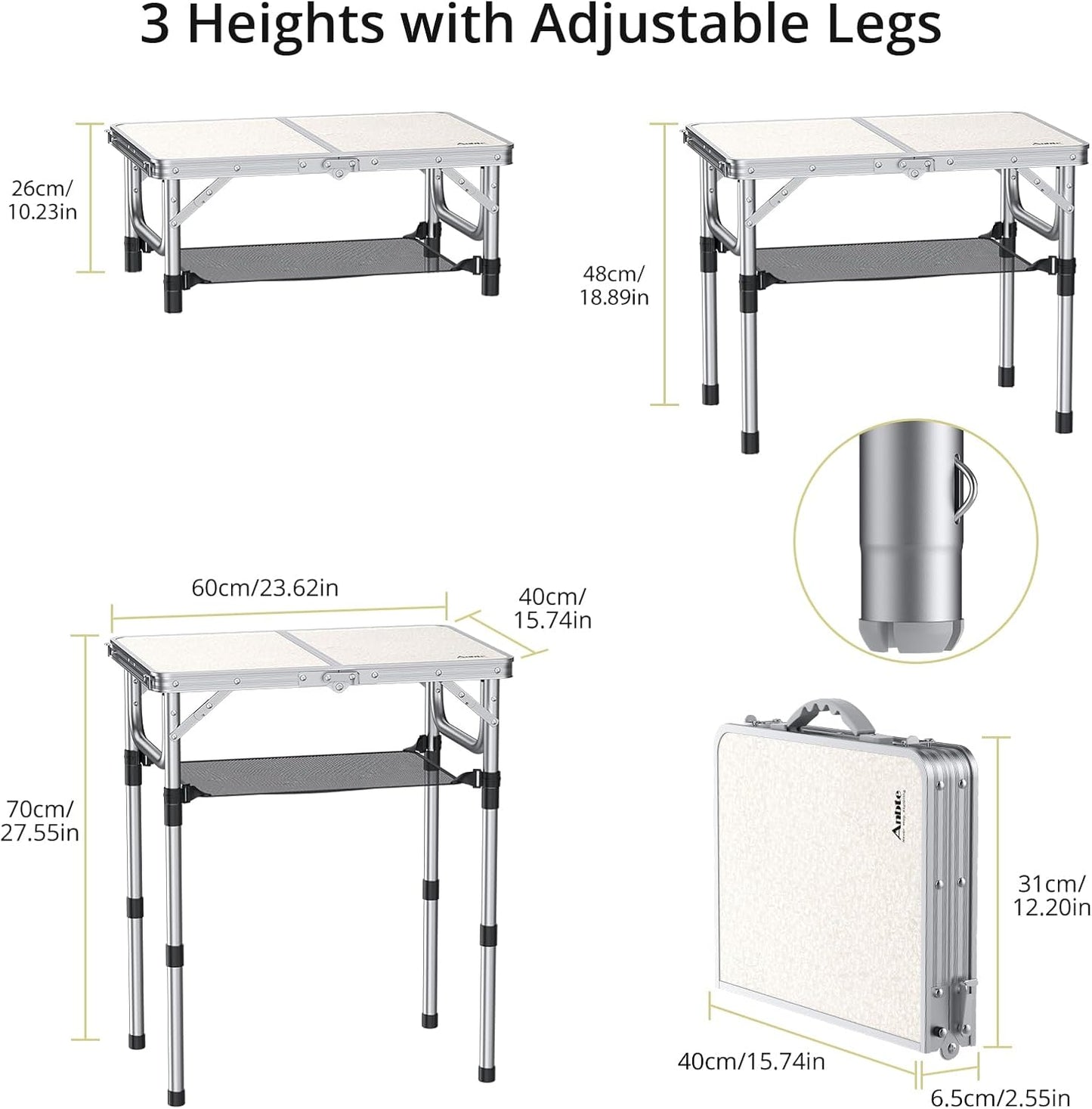 Folding Camping Table, Aluminum 24" x 16" Adjustable Height Small Folding Table with Carrying Handle, Lightweight, Portable Camping Table Waterproof for Outdoor Indoor Picnic Beach BBQ, Silver