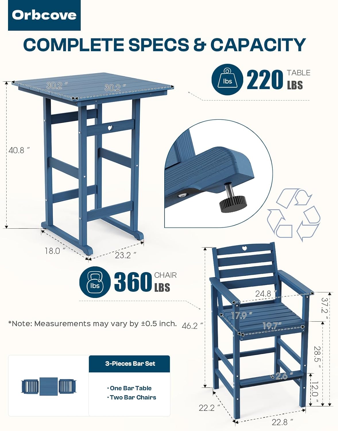 3-Piece Bar Height Patio Table and Chairs Set, HDPE Wood Grain Outdoor Bar Table and Chairs with Heart Cutout Design, Weather-Resistant Bar Height Furniture for Deck, Porch, Pool (Navy Blue)