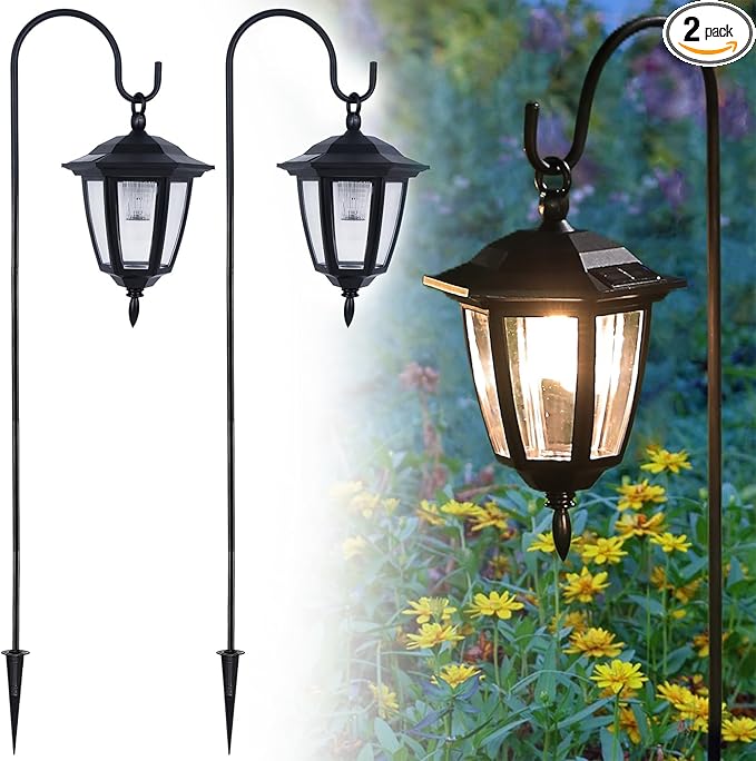 Dynaming 2 Pack Solar Hanging Lights Outdoor, Solar Powered Garden Decorative Lanterns with 2 x 38 Inch Shepherd Hooks, Waterproof Landscape Lighting for Lawn Patio Yard Pathway Driveway, Warm White