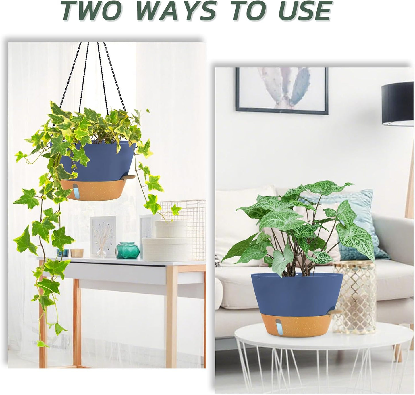 ZMTECH 12 Inch Large Hanging planters for Indoor, 2 Pack Self Watering Plant Pot for Outdoor Garden Porch, Hanging Flower Pot with Visible Water Level & Removable Tray(12Inch, Blue)