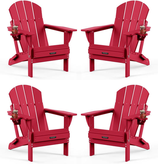MUCHENGHY Folding Adirondack Chairs Set of 4, Patio Chairs, Lawn Chairs, Outdoor Chairs, Adirondack Chair Plastic, Fire Pit Chairs, Weather Resistant with Cup Holder for Deck, Backyard, Garden(Red)