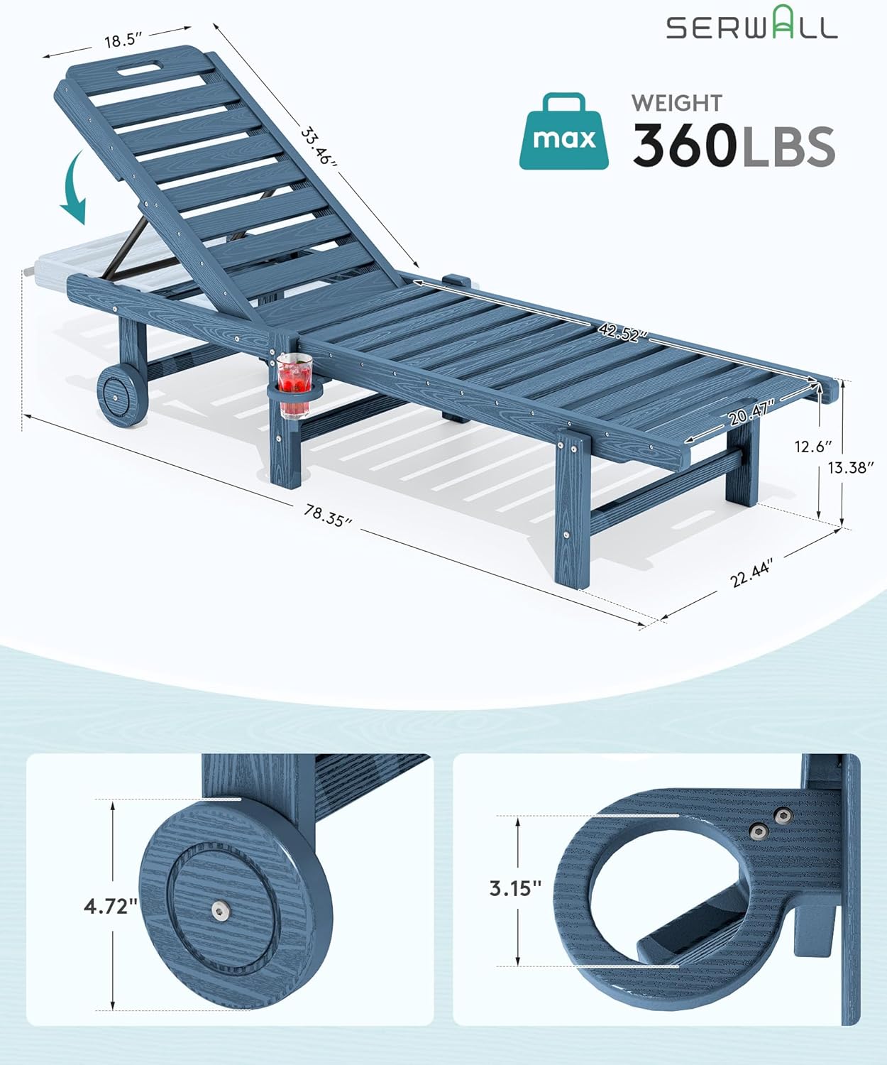 SERWALL Patio Chaise Lounge Set of 4, HDPE Outdoor Lounge Chair with Cup Holder, 5 Positions Adjustable Poly Lounge Chair with Rolling Wheels for Poolside, Deck, Sunbathing, Blue