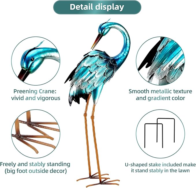 chisheen Metal Crane Garden Statue, Blue Heron Sculpture Yard Art, Large Heron Decoy, Bird Statues, Lawn Ornaments for Backyard Pond Patio Porch Outside Decorations