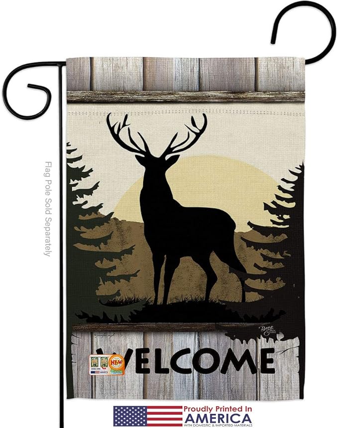 Welcome Deer Garden House Flags Kit Animals Wildlife Outdoor Bear Wolf Pet Nature Farm Animal Creature Small Decorative Gift Yard Banner Made In USA 28 X 40