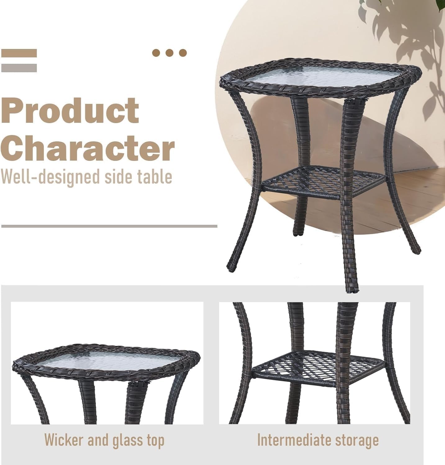 Outdoor Side Table, Brown Rattan Wicker Patio Side Table, Patio End Table, Small Outdoor Side Table with Glass Tabletop and Storage Shelf (Brown)