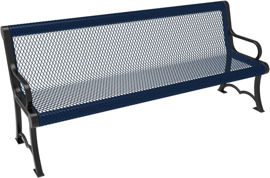 Heavy-Duty Outdoor Bench Thermoplastic Coated, Expanded Metal, Commercial-Grade Garden Bench, Made in America (Portable with Back, 6 Ft, Textured Dark Blue)