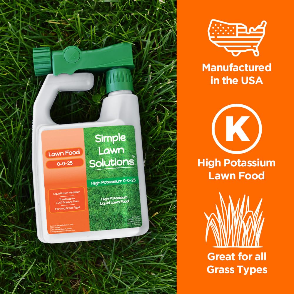 Simple Lawn Solutions - High Potassium Lawn Food Liquid Fertilizer 0-0-25 - Concentrated Spray - Turf Grass Vigor and Plant Hardiness - Summer and Fall - Any Grass Type (32 Ounce)