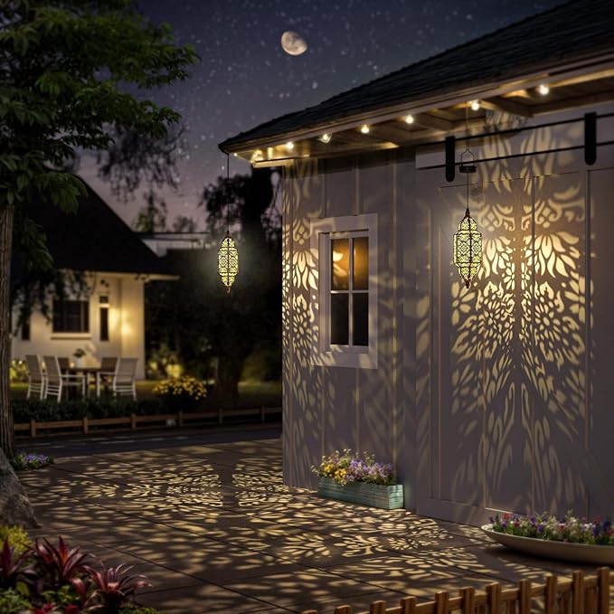 Twinkya 2 Pack Hanging Solar Lights Outdoor Garden Decorative Solar Lantern Waterproof Metal Moroccan Outdoor Decorations for Patio Pathway Yard Porch Backyard Garden Decor (Gold, 2 Pack)