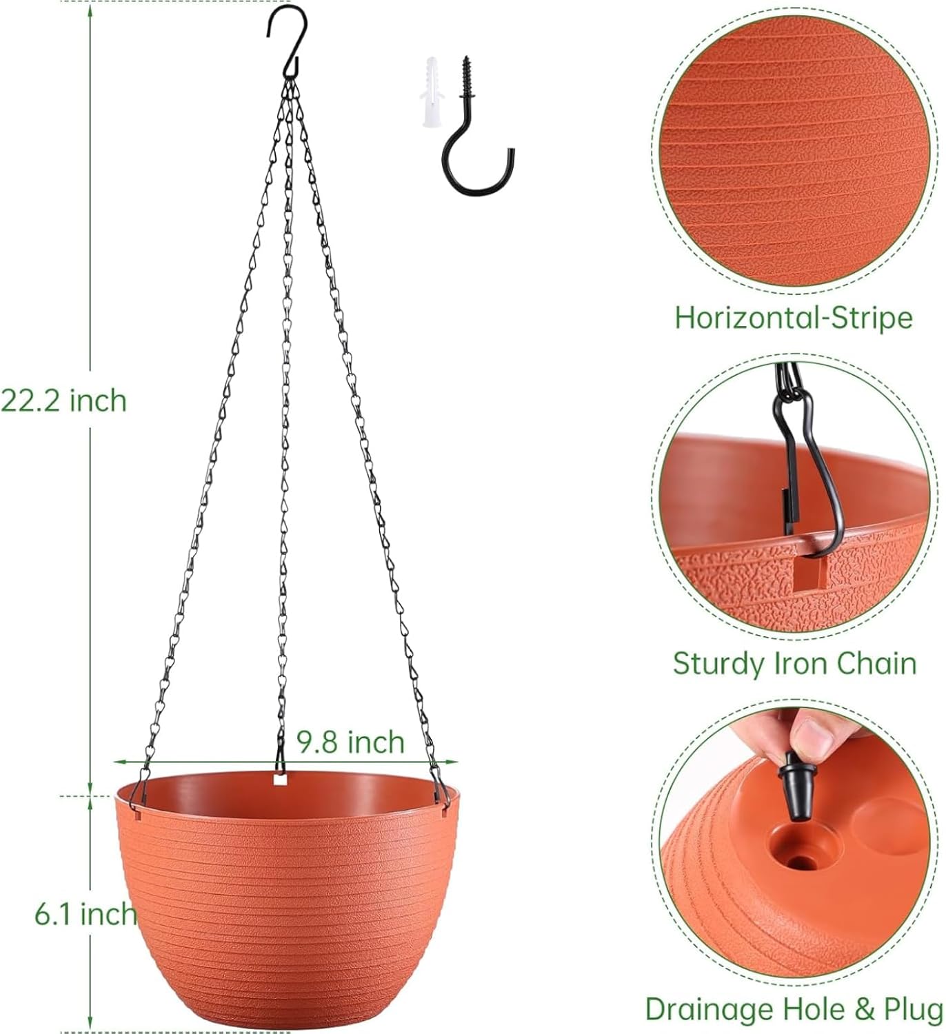 Hanging Planters for Indoor Outdoor Plants, Set of 2 Self Watering Hanging Pots with Drainage Hole & Plug and 20" Chain & Hooks