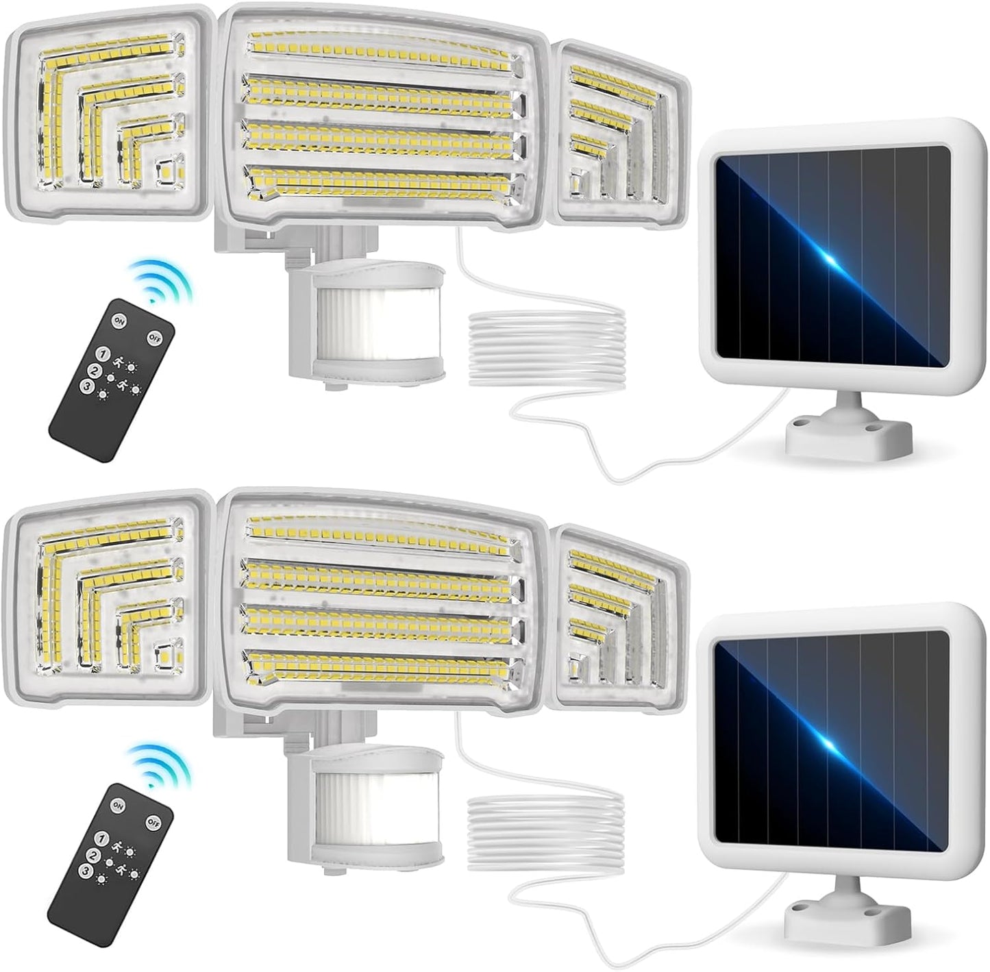 Energetic Solar Outdoor Lights, 1800LM 150 LED Security Motion Sensor Outdoor Lights with Remote Control, IP65 Waterproof Floodlight, 3 Head Motion Detected Spotlight for Garage, Pack of 2 (White)