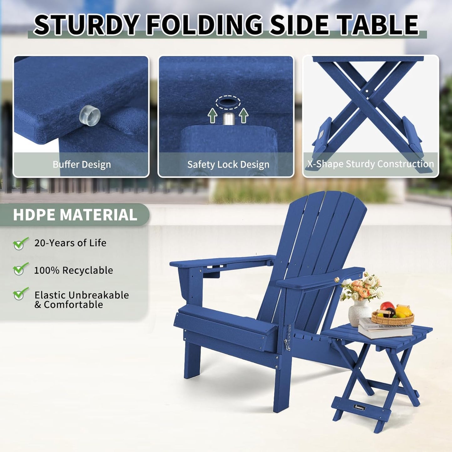 FUNBERRY Outdoor Folding Adirondack Side Table, Portable No Assembly Patio End Table HDPE All Weather