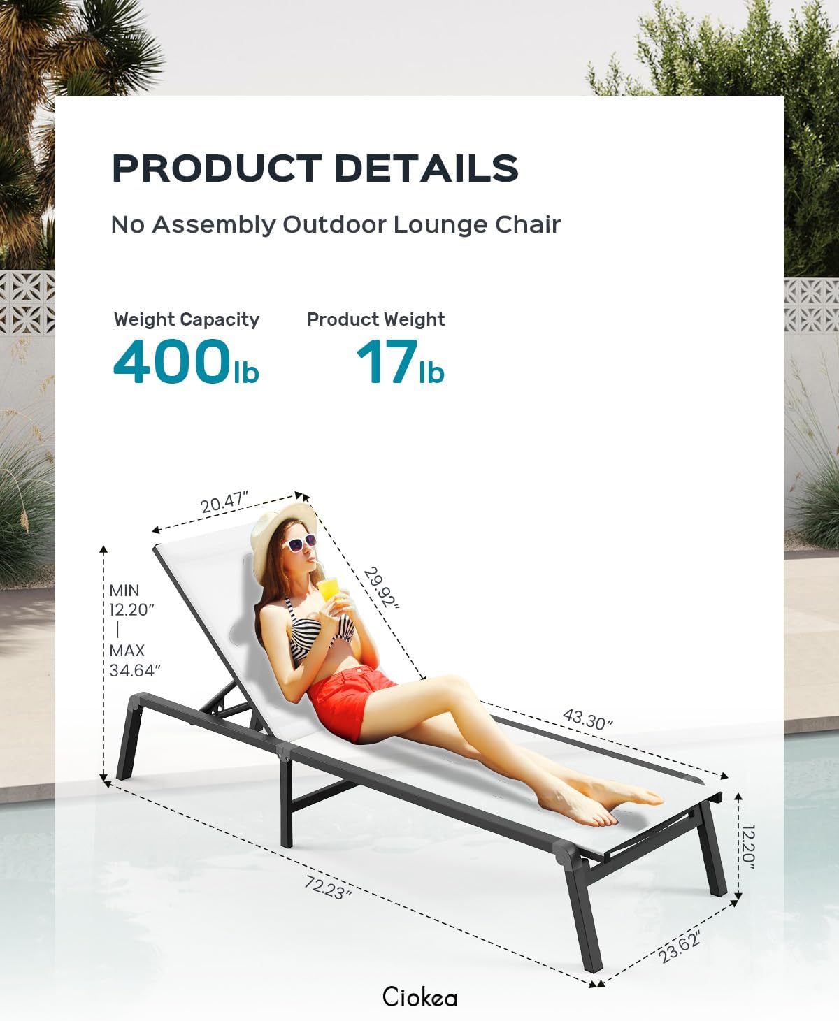 Aluminum Chaise Lounge Ourdoor - Foldable & Assemble Free Outdoor Lounge Chair with 5 Adjustable Backrest, Patio Lounge Chair for Outside Poolside Beach Pool, White