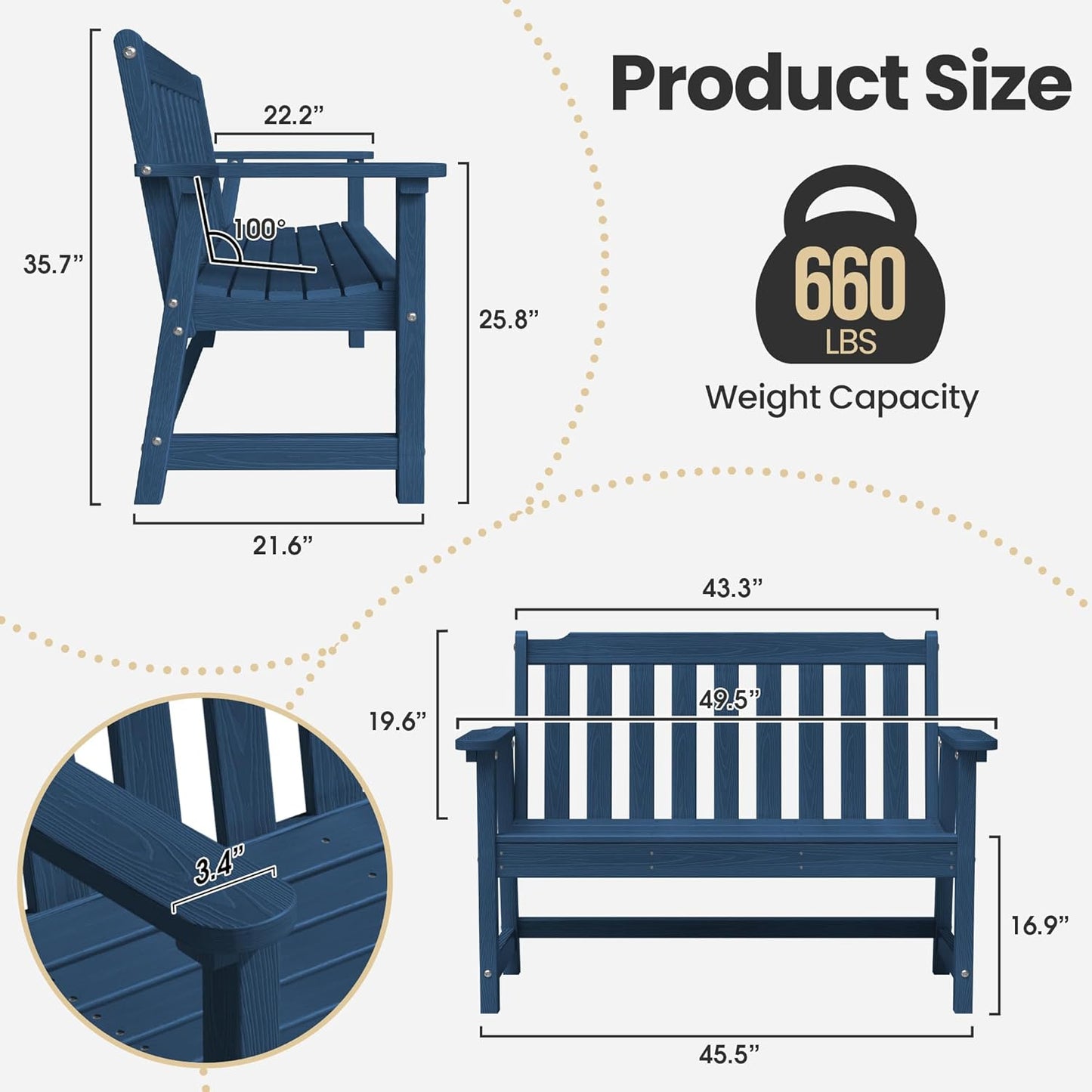 Ciokea 46" Heavy Duty Outdoor Bench Set of 2, HDPE Weatherproof Garden Bench, 2-Person Memorial Benches with 660 Lbs, Waterproof Patio Porch Benches for Outside Business Office Backyard, Navy Blue