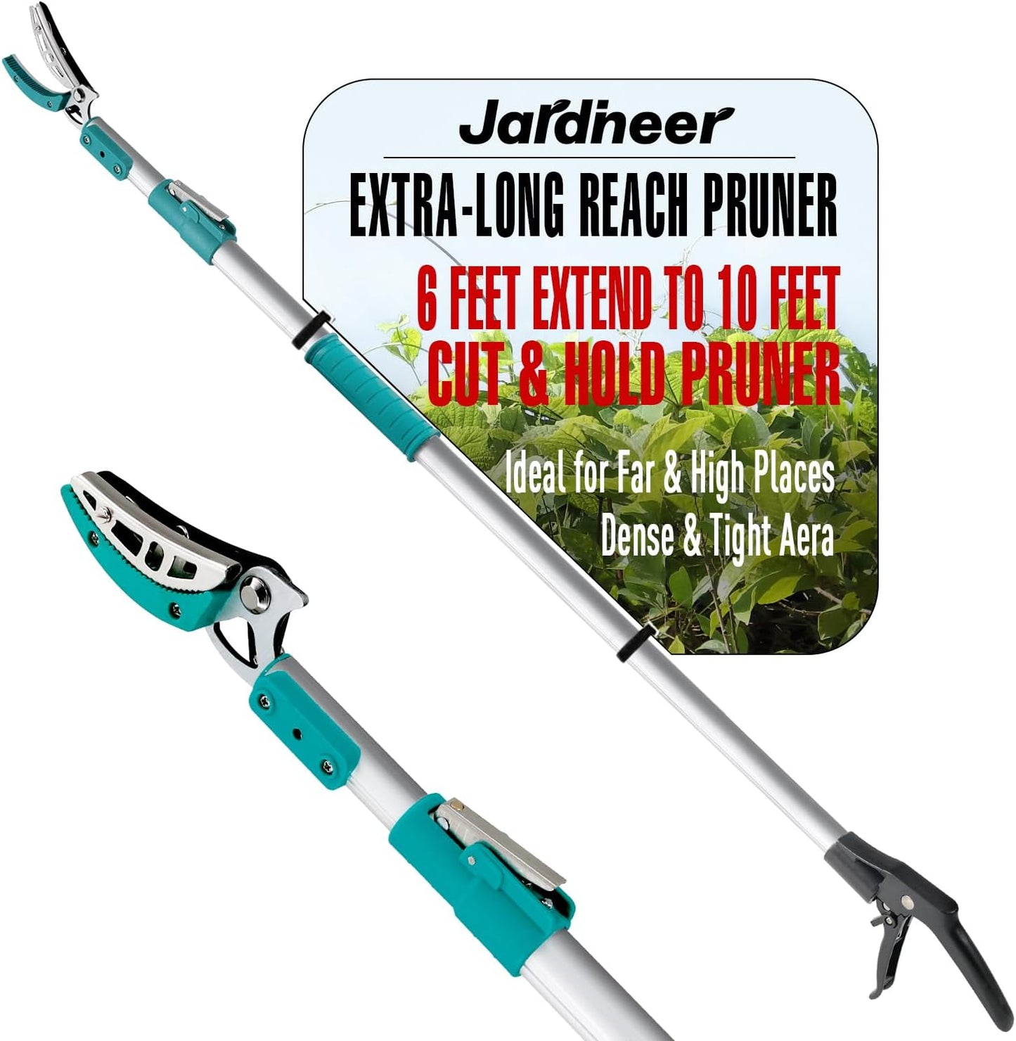 JARDINEER Lightweight Tree Pruner Extendable, 6-10ft Tree Trimmers Long Handle Pruner, Ergonomic Grip Long Reach Pole Pruning Shear and Stable Fruit Picker Pole
