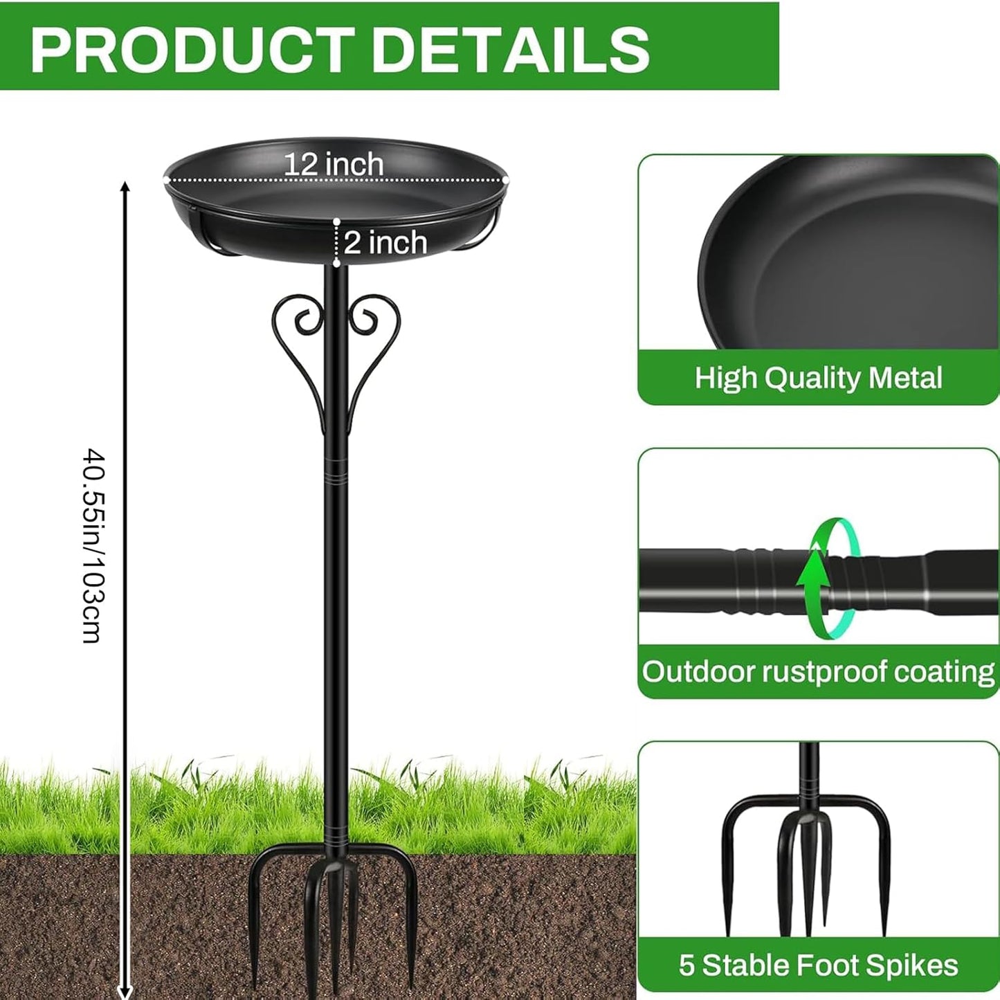 Metal Bird Bath for Outside, Vintage Freestanding Birdbaths with Metal Stake, Upgraded 5 Pronged Base Birdfeeder Feeder Bowl for Outdoors Garden Patio Yard Lawn Decor (Black)