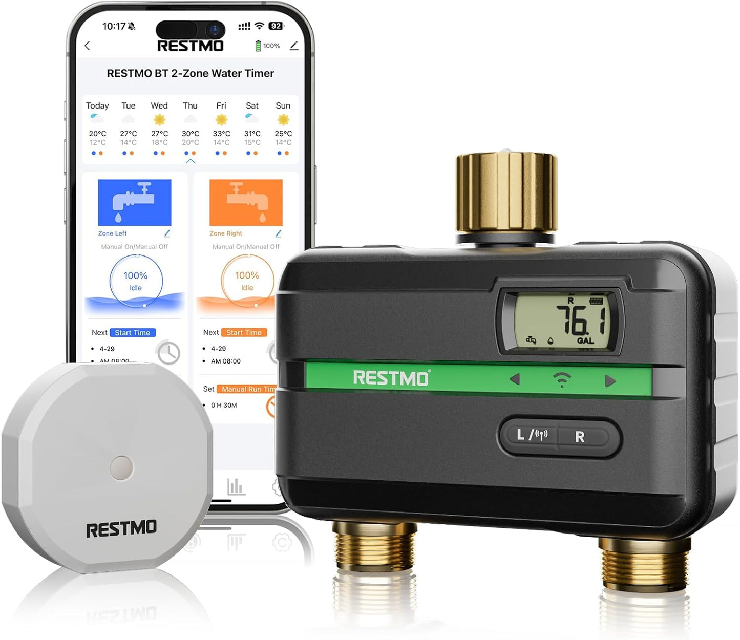 RESTMO Smart Sprinkler Timer with Flow Meter, 2 Zone Water Timer for Garden Hose, Brass Inlet & Outlet, Automatic Lawn & Yard Irrigation Watering System, APP Remote Control (RF Hub + WiFi Connection)