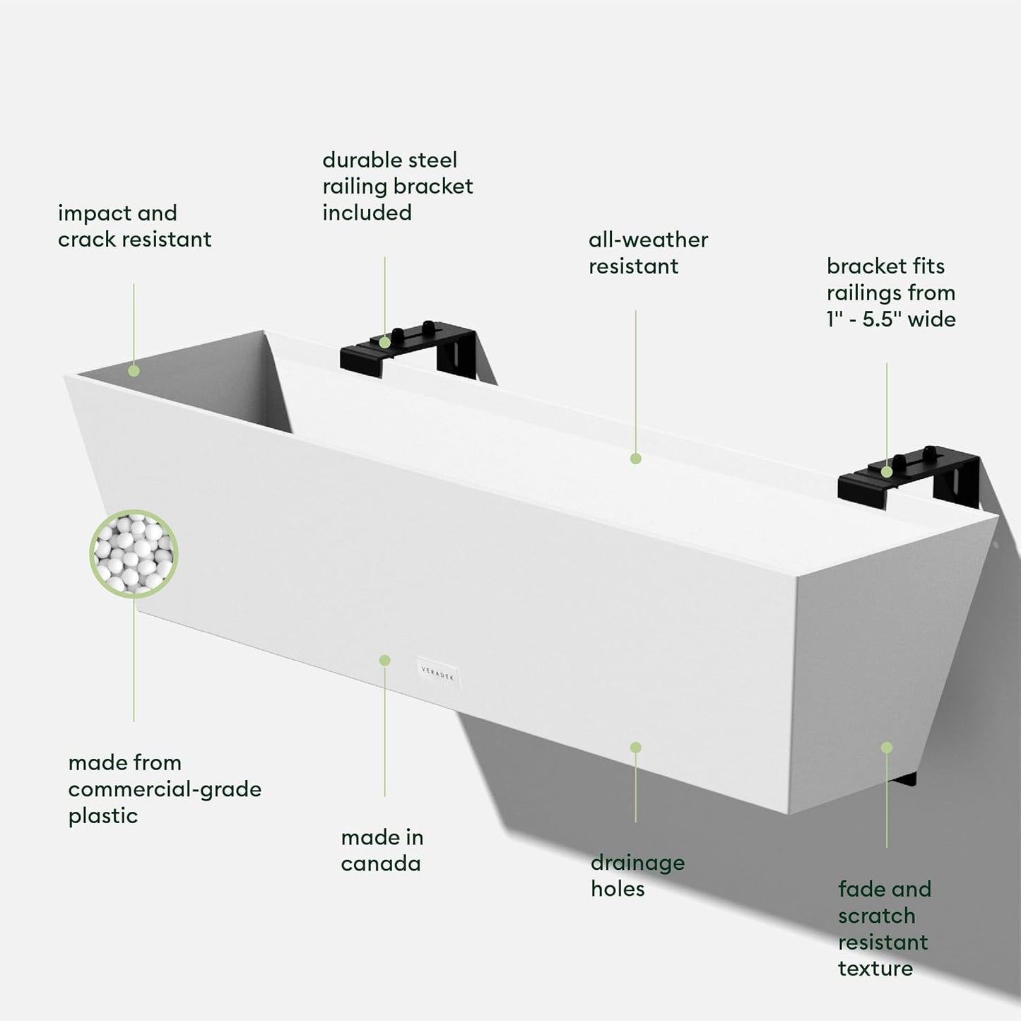 Veradek Pure Series Railing Planter - Plastic Hanging Planter for Outdoor Balcony/Fence | Durable All-Weather Use with Adjustable Brackets | Modern Décor for Flowers, Succulents, Hanging Plants