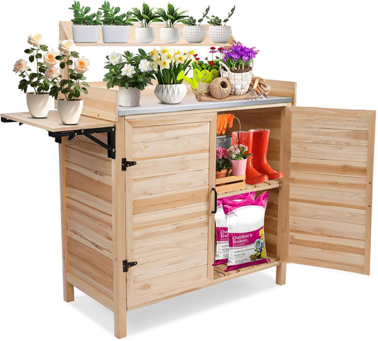 Kalolary Potting Bench for Outside Garden Potting Table with Storage Cabinet Foldable Shelf Multipurpose Garden Workstation Wooden Outdoor Potting Bench for Patio Garden Horticulture