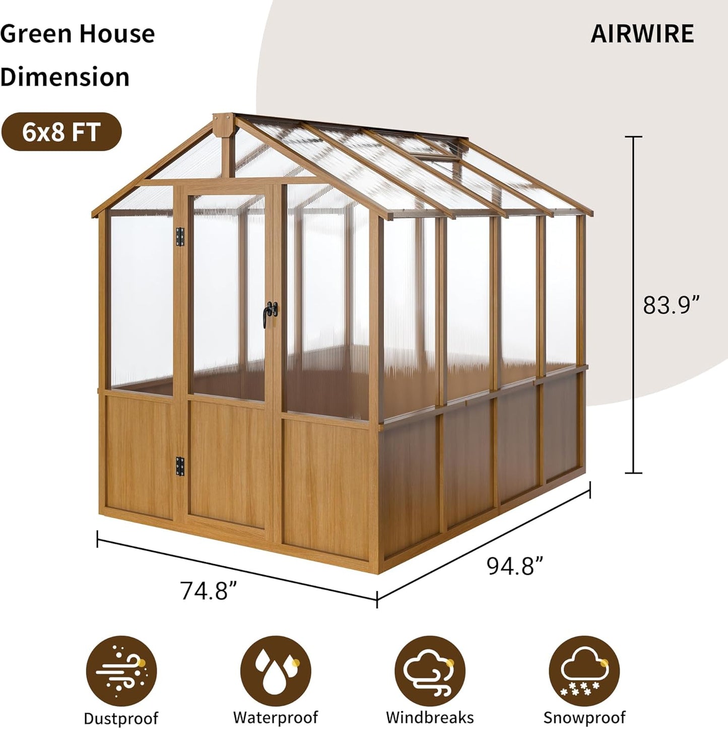 6x8 FT Greenhouse, Wooden Walk-in Greenhouse for Outdoors with 6MM Thick Polycarbonate Panel and Adjustable Roof Vents, Garden Backyard, Patio, Lawn, Wood Colour