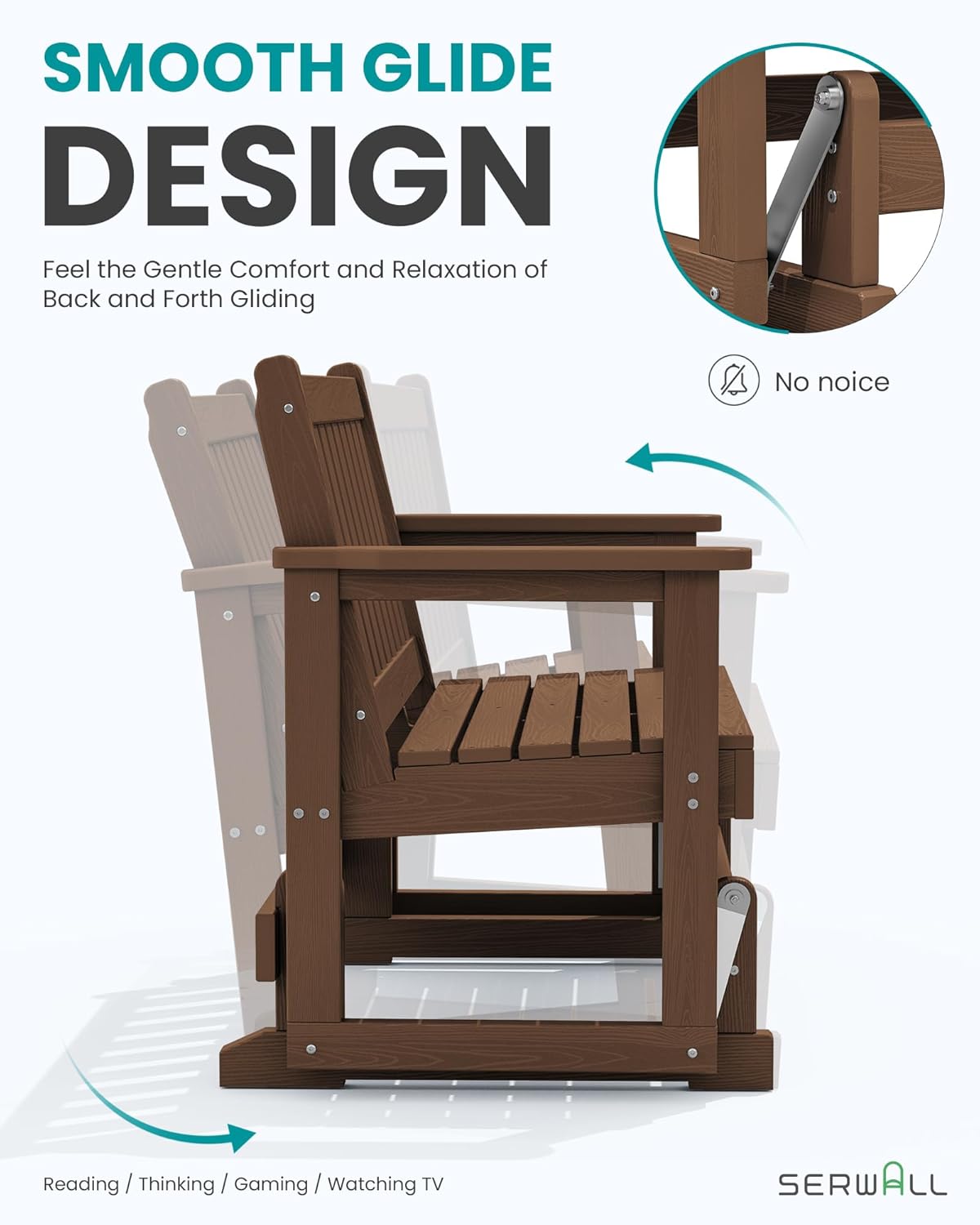 SERWALL 2 Person Patio Glider Rocking Chair, HDPE Material Weather-Resistant Swinging Bench for Outdoor Porch Garden, Brown