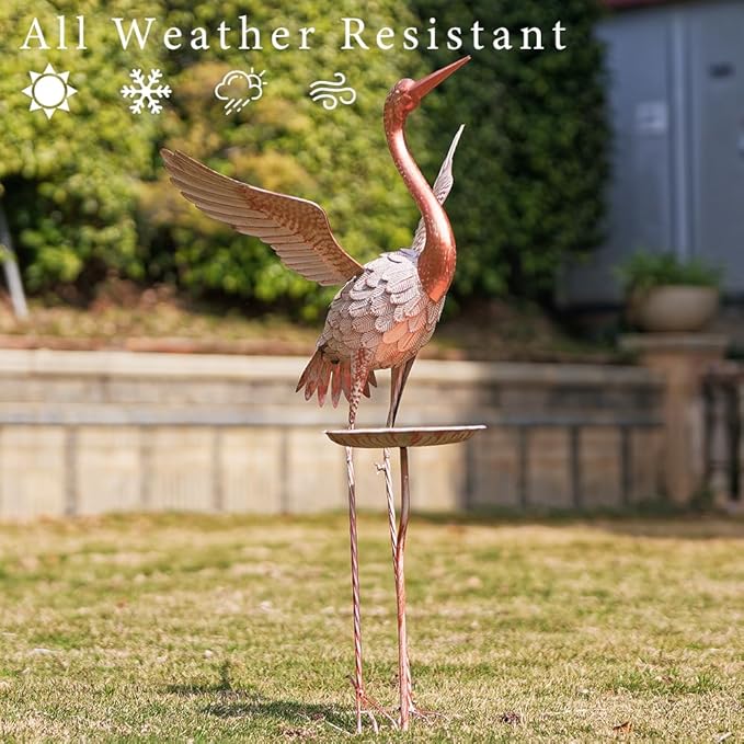 Crane Garden Statue with Birdbath, 40'' Heron Garden Statue, Crane Metal Yard Art for Outside, Backyard, Lawn, Porch Decor