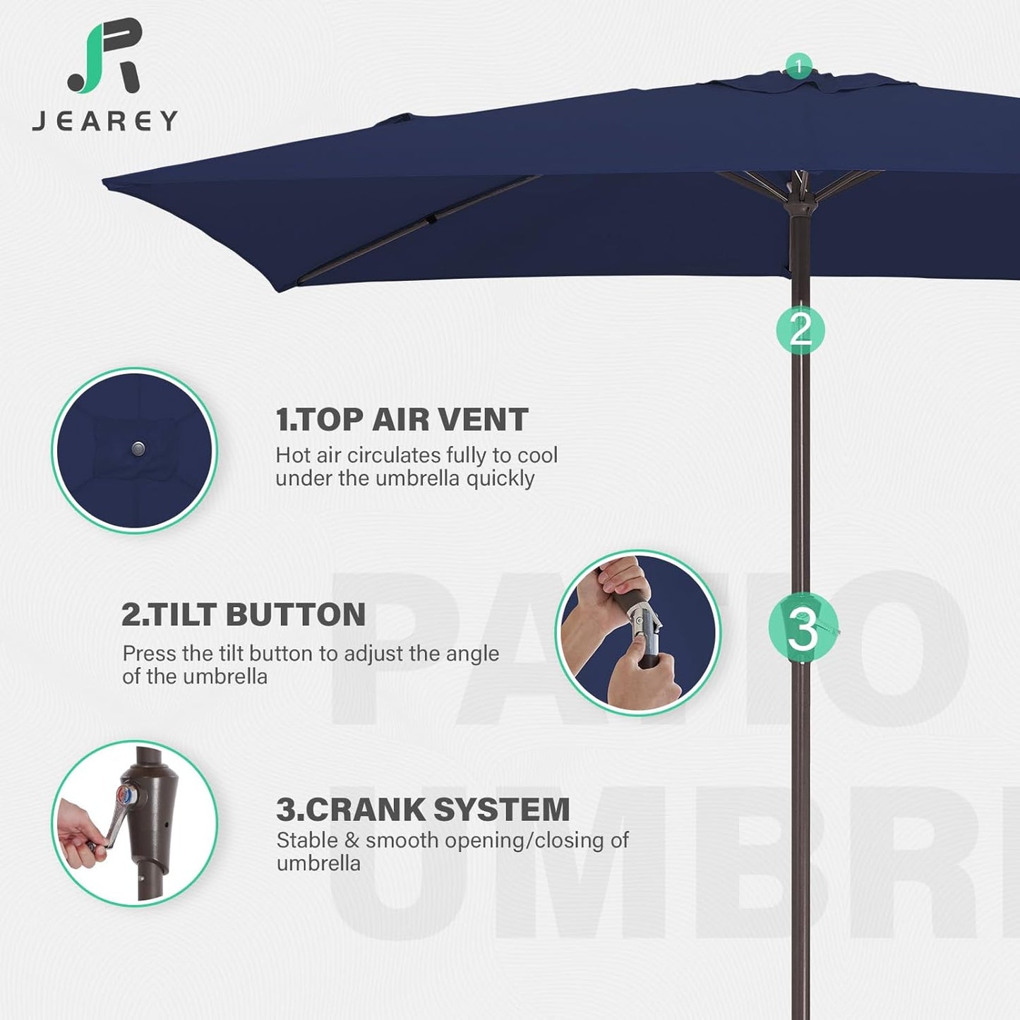 JEAREY 6.5x10 ft Rectangular Patio Umbrellas Outdoor Market Umbrella with Push Button Tilt and Crank, Rectangle Table Umbrellas 6 Sturdy Ribs UV Protection for Pool Garden Backyard Deck, Dark Navy