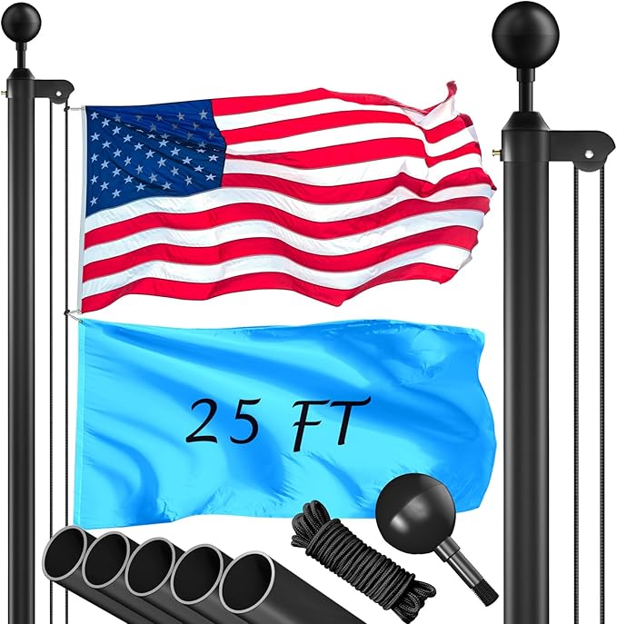 Flag Pole Kit 25FT, 12 Gauge 1.8mm Thickness Heavy Duty Flag Poles with 3x5 American Flag, Black Flag pole for Outdoor House In Ground, Extra Thick Flagpoles Suitable for Yard and Garden